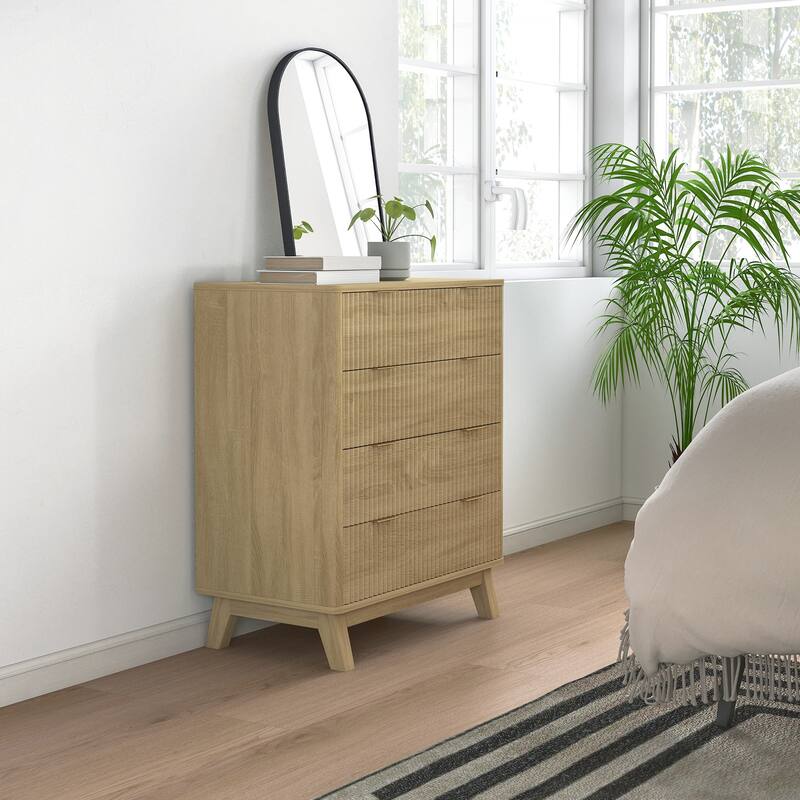 HOMCOM Fluted Dresser for Bedroom with 4 Drawers, 28" Wide Chest of Drawers with Gold Finger Pulls and 4 Wood Legs, Natural Wood