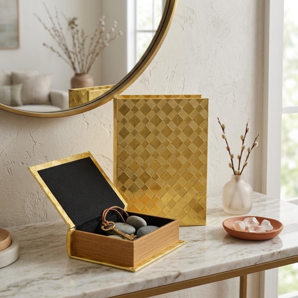 Zuleika Set of 2 Rectangular Decorative Book Boxes - Gold Checkered Diamond Pattern - N/A