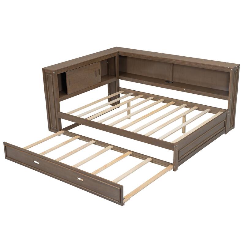 Full Size Daybed with Storage Shelves, USB Charging, LED Lights, and Twin Trundle (600lb Capacity)