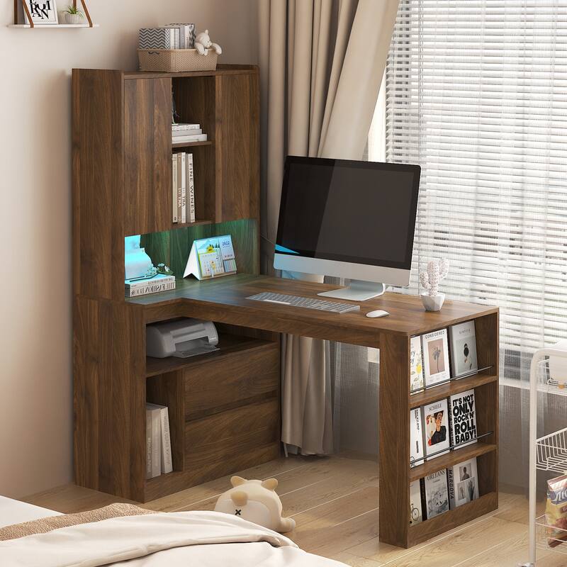 Roomfitters Modern L Shaped Computer Desk with Charger & LED Light, Corner Workstation with Drawers, Hutch Bookshelf - Dark Wood