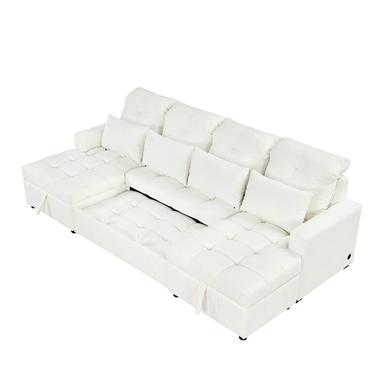 110.2" Oversized U-shaped Sectional Sofa Bed, Double Storage, 2 USB Ports, Beige Chenille for Living Room