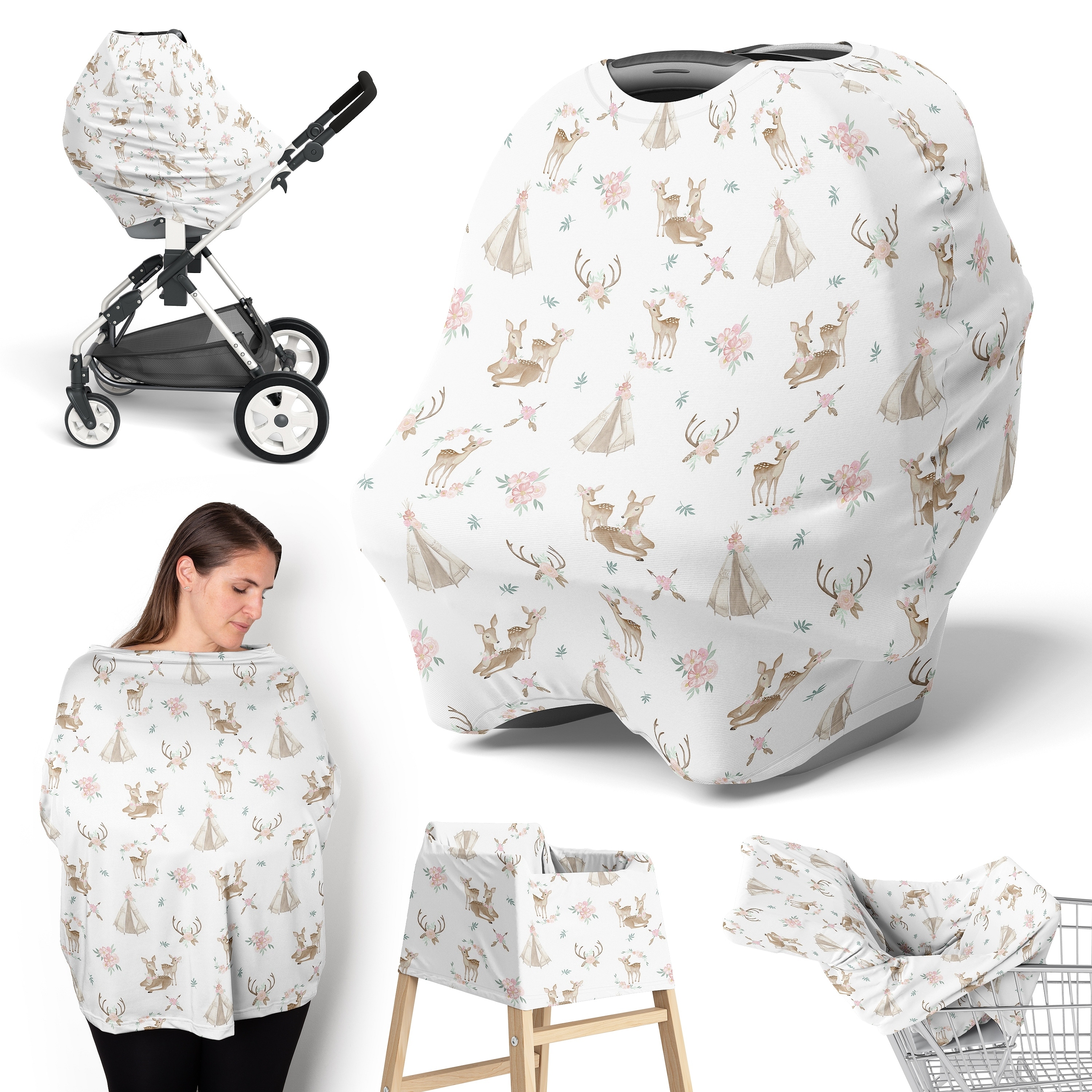 Woodland Deer Floral Girl 5 in 1 Baby Car Seat and Nursing Cover Blush Pink Mint Green Boho Watercolor Bohemian Forest Animal
