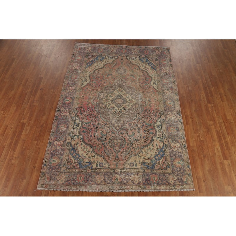 Traditional Tabriz Persian Vintage Rug Hand-Knotted Wool Carpet - 6'6" x 9'8"