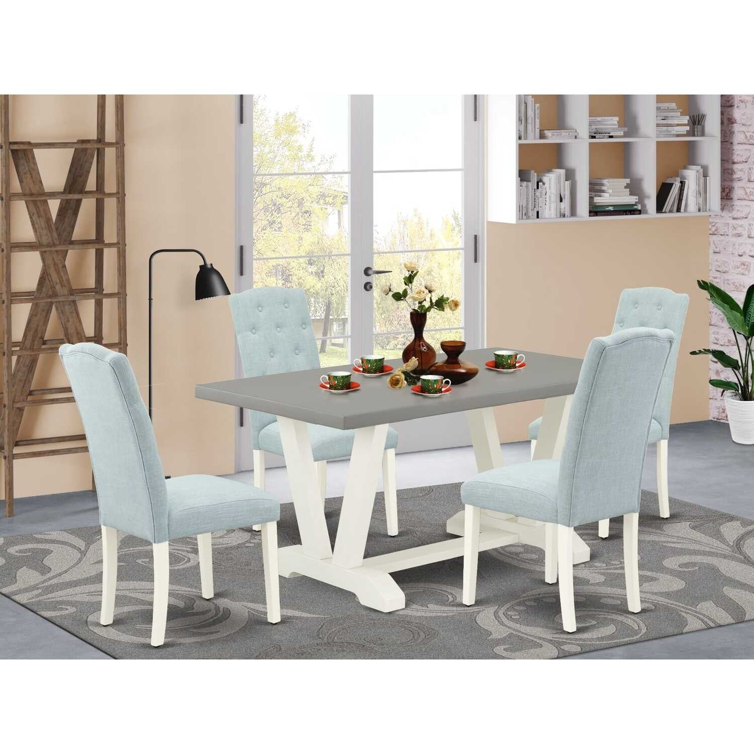 HomeStock 5-Piece Rectangle Natural Oak Finish Solid Wood Top Dining Table with 4 Parson Chair