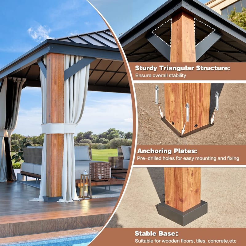 Outdoor Galvanized Steel Roof Gazebo Pergola w Wooden Coated Alumninum Frame, Privacy Curtains and Nettings Include