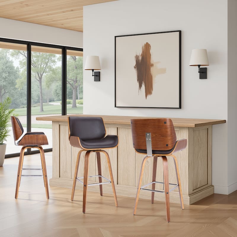 Tyler Mid-Century Swivel Bar Stool, Upholstered Counter Height Chair with Bentwood Legs - Set of 3 - Brown & Walnut - Bar Height