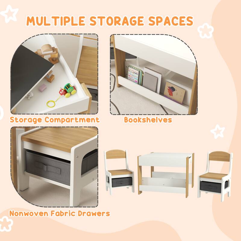 3 Piece Kids Table and Chair Set,2 in 1 Toddler Table and Chair Set with Reversible Tabletop Blackboard