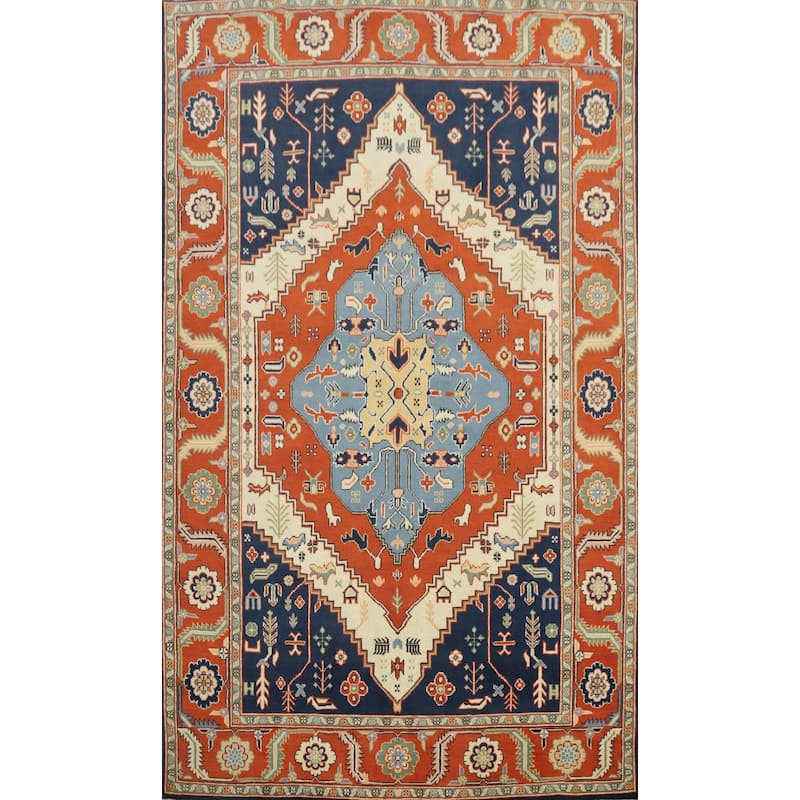 Hand Knotted Oriental 100% Wool Carpet Traditional Medallion Oranges & Rust Heriz (serapi) Area Rug - 8' 10'' X 6' 0''