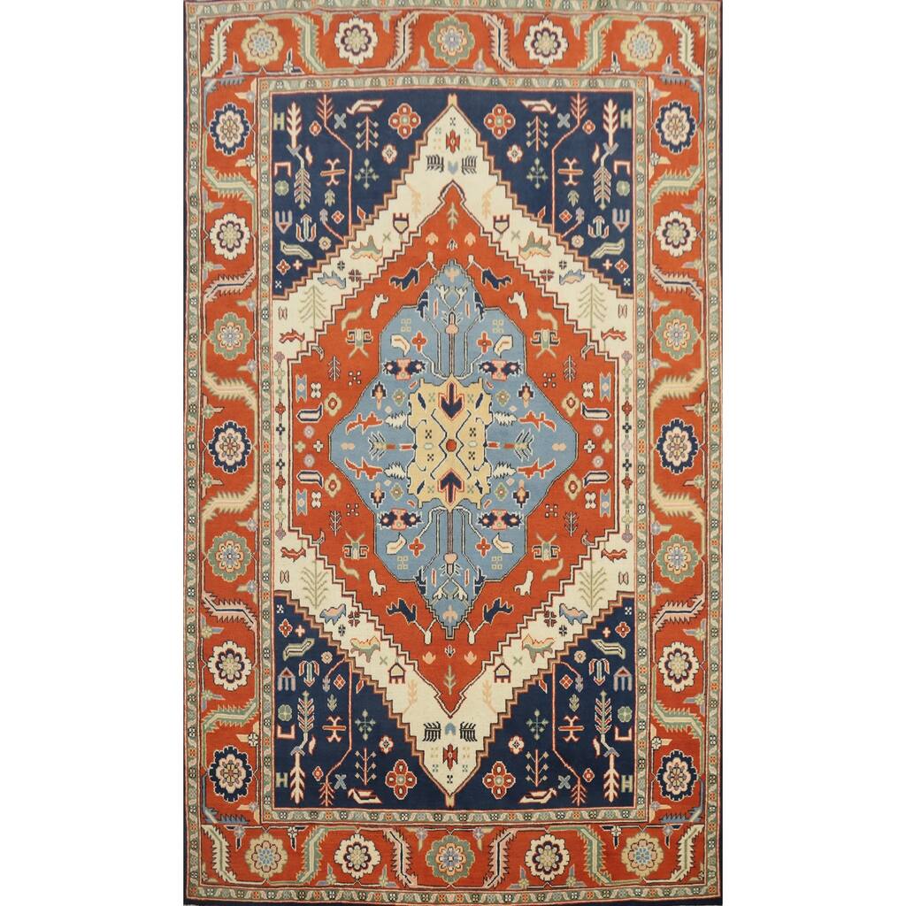 Hand Knotted Oriental 100% Wool Carpet Traditional Medallion Oranges & Rust Heriz (serapi) Area Rug - 8' 10'' X 6' 0''
