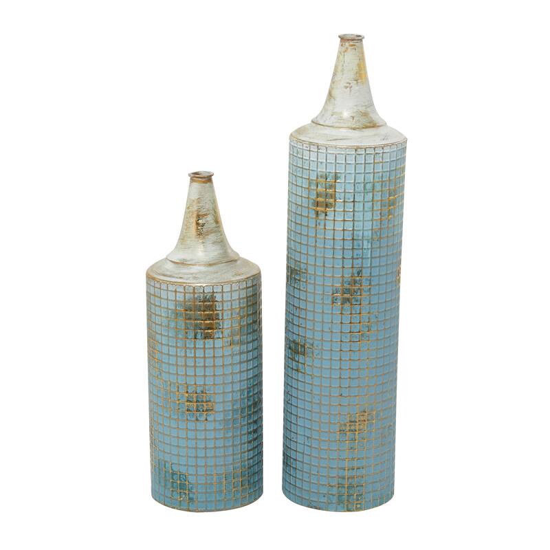 Blue Metal Distressed Tall Geometric Decorative Vase with Grid Pattern and Gold Accents (Set of 2)