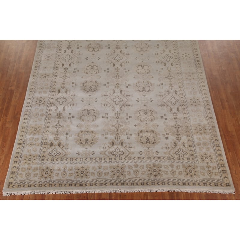 Geometric Oushak Area Rug Hand-Knotted Oriental Wool Carpet - 9'0"x 11'9"