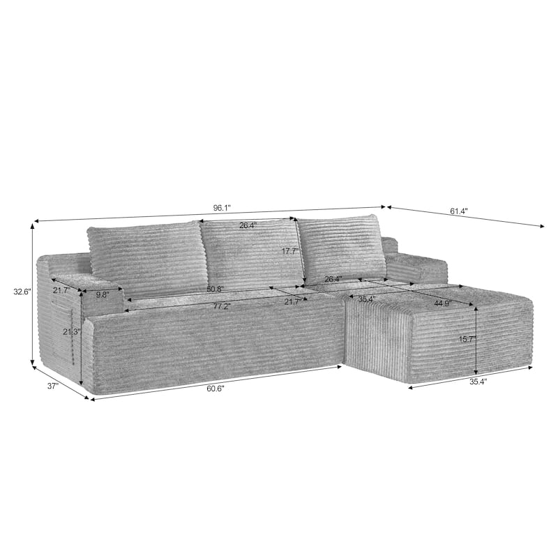 Corduroy Upholstery Cloud Modular Sectional Sofa with Chaise and Pillows, All-Foam Compression Design