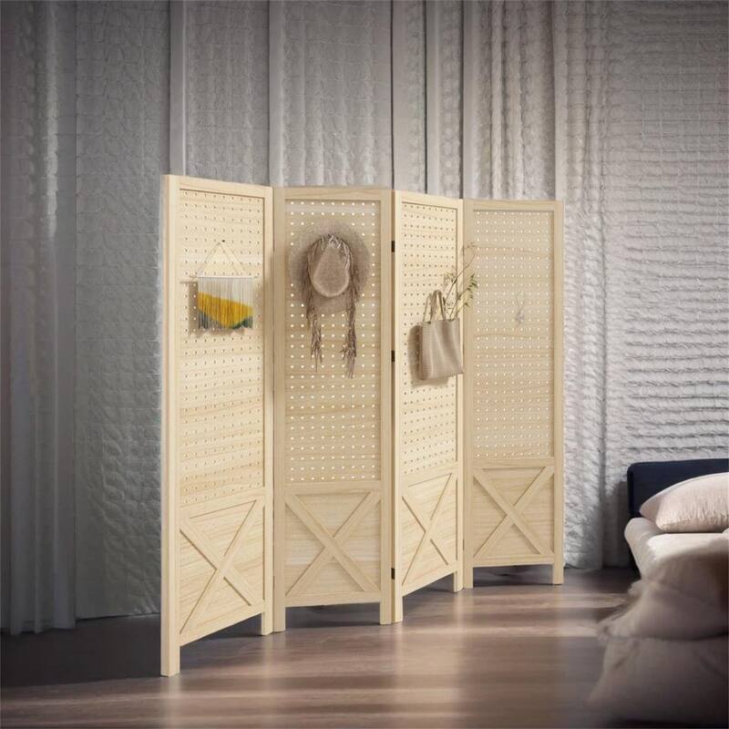 4 Panel Pegboard Display Room Divider - Natural
