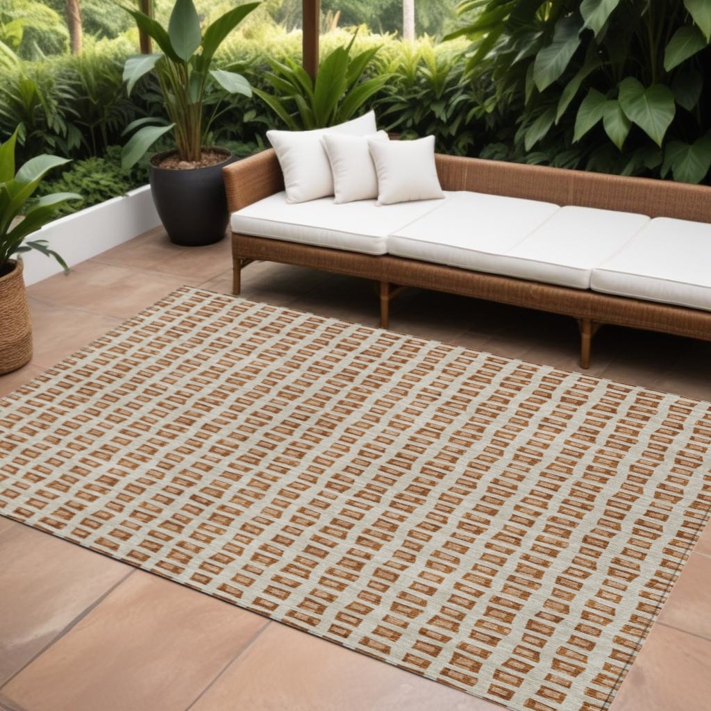 9' X 12' Orange Beige And Copper Geometric Washable Indoor Outdoor Area Rug - 9'3" x 12'3"