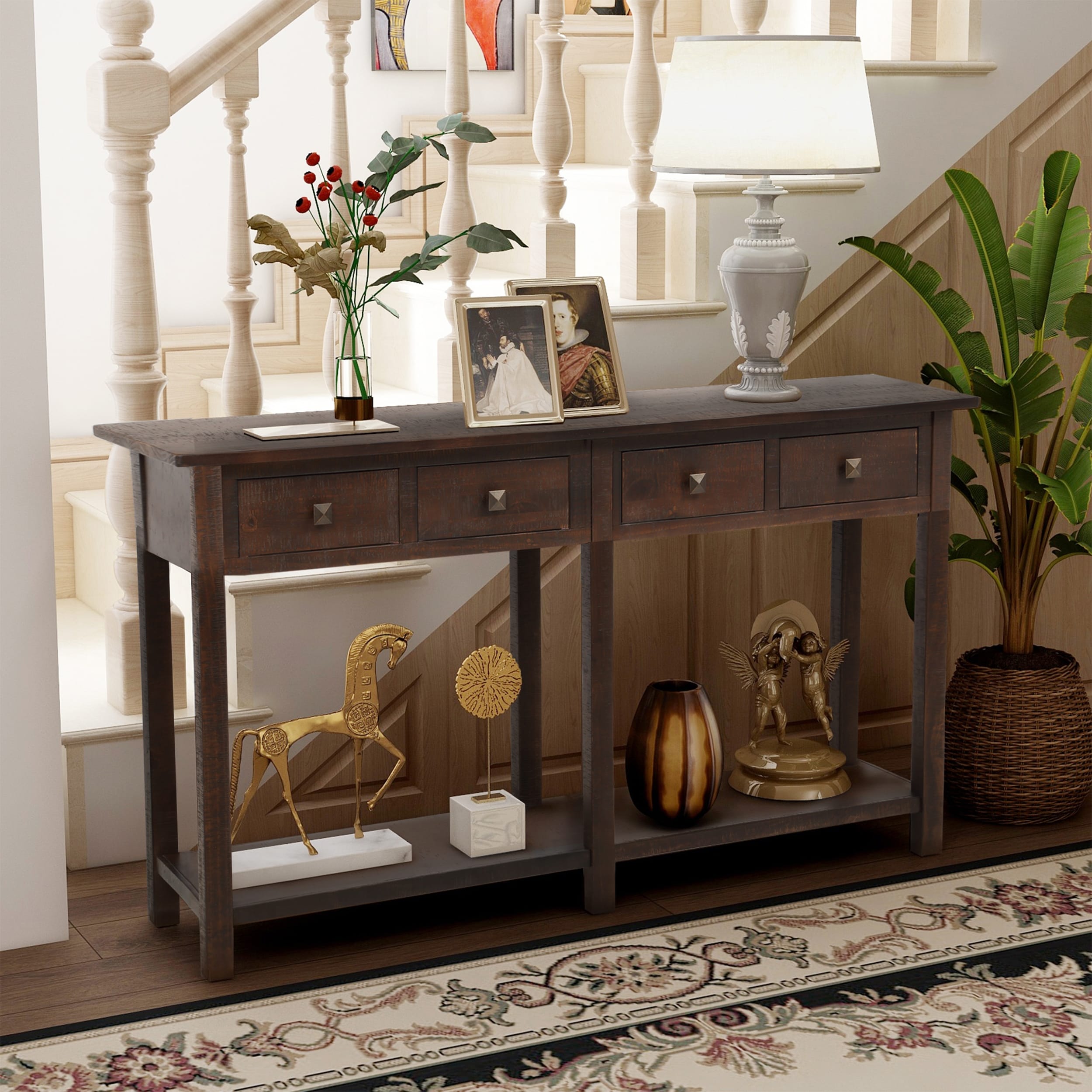 Treyton Rustic Table Console with Four Drawers (Espresso) - 59"L x 15.2"W x 33"H