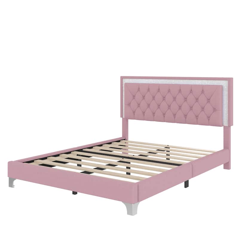 LED Platform Bed Frame Tufted Headboard Both Sides LED Button Low Profile Bed, Velvet Upholstered Panel Bed