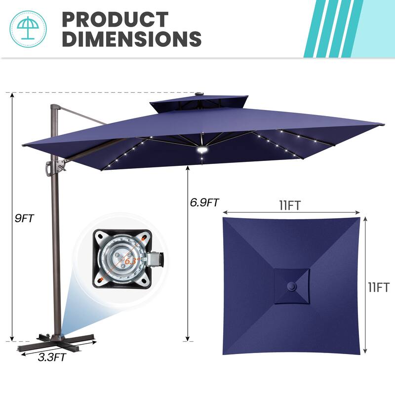 11 FT Outdoor Solar Powered LED Patio Cantilever Umbrella Double Top Square Umbrella