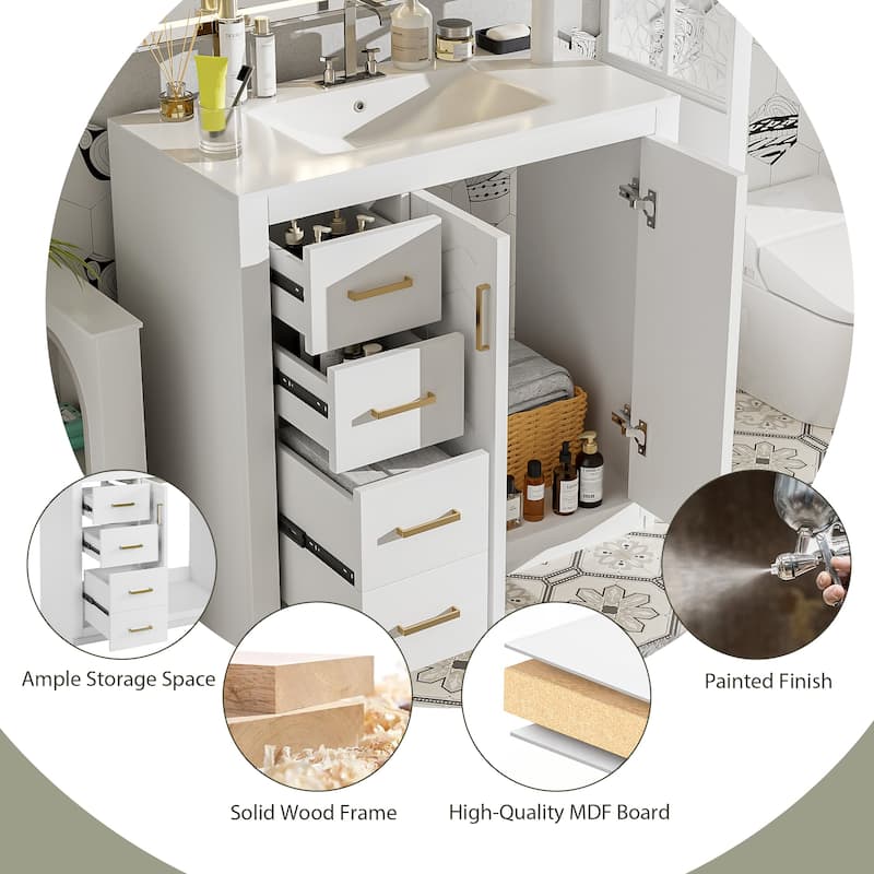 36'' Freestanding Bathroom Vanity Set–Features a Ceramic Sink, Solid Wood Frame,3 Soft-Closing Drawers, and Ample Storage Space.