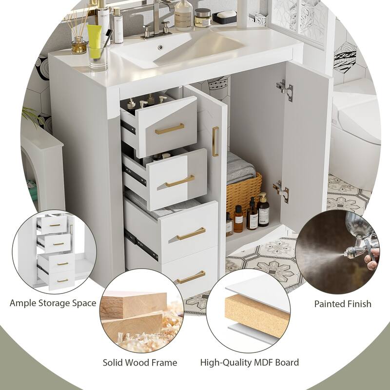 36 Inch Bathroom Vanity with Sink Combo, Modern Storage Cabinet with 3 Drawers, Undermount Ceramic Basin