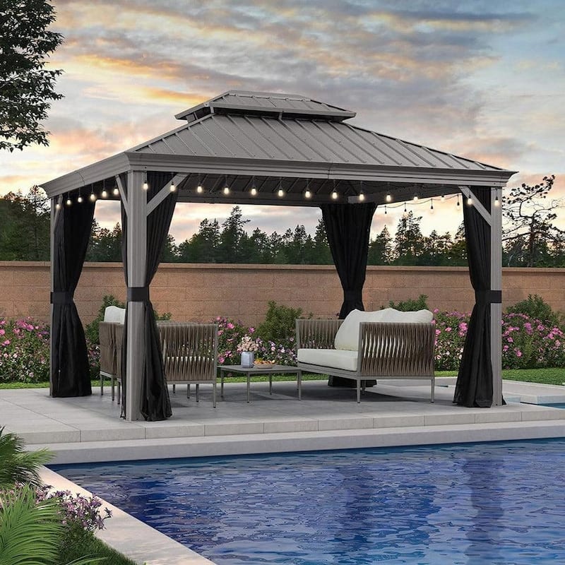 PURPLE LEAF Outdoor Gazebo Aluminum Frame Galvanized Steel Hardtop Gazebo with Bulbs
