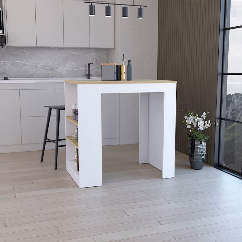 Kitchen Bar Table with Open Storage Shelves, Durable Construction, and Compact Design for Small Spaces and Dining Areas - White / Macadamia