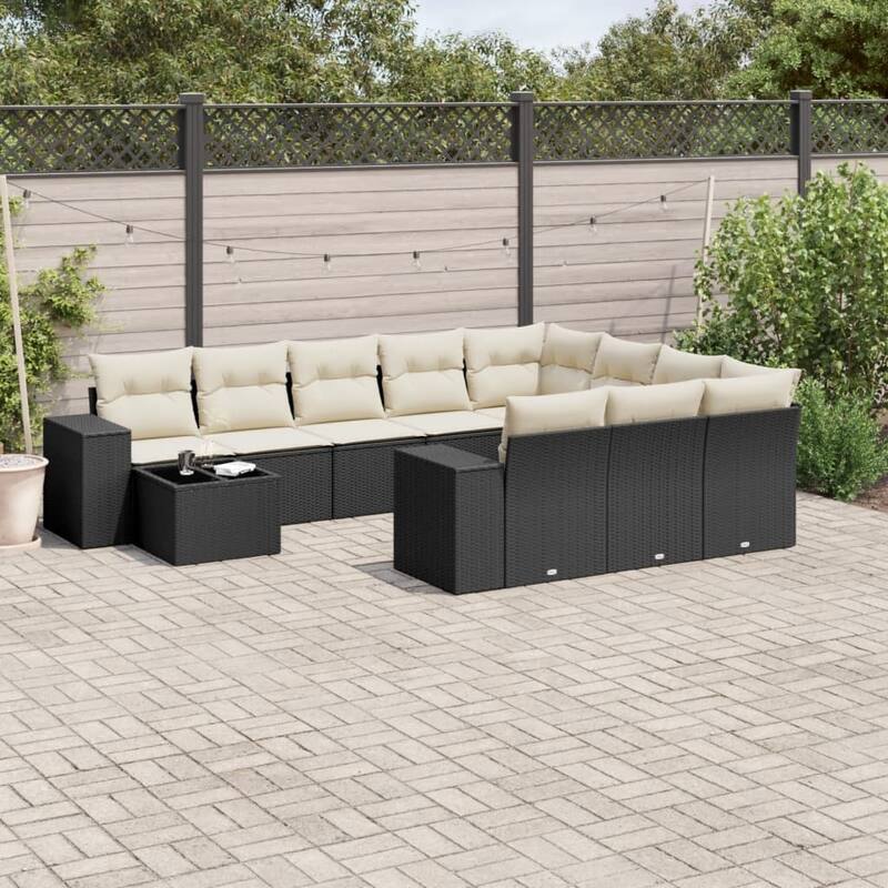 vidaXL Patio Sofa Set with Cushions Outdoor Furniture 11 Piece Poly Rattan - Black and Cream - 21.7 x 21.7 x 14.6