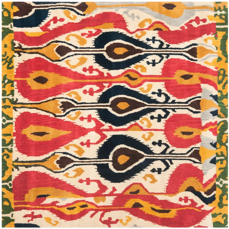 SAFAVIEH Handmade Ikat Meliha Modern Wool Rug - 6' Square - Cream/Green