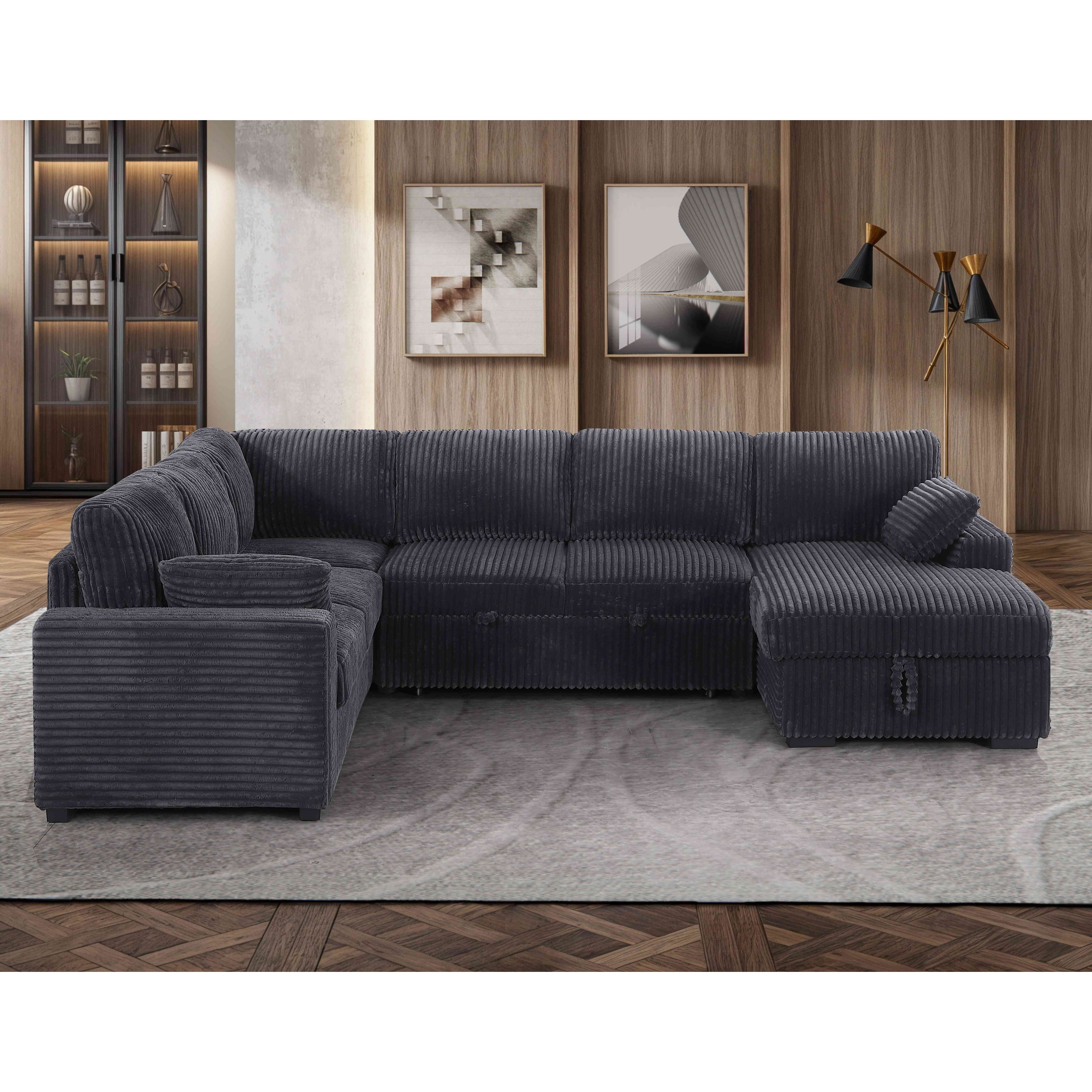 Modern Corduroy Sectional With Storage Chaise Lounge