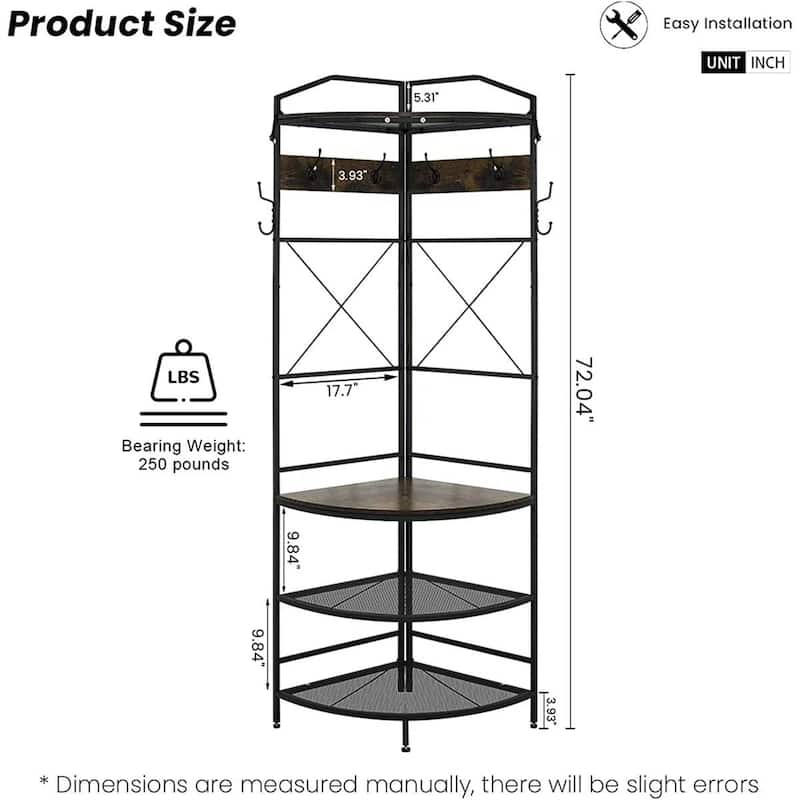 Brown-Black Steel Wood Corner Hall Tree with Shoe Storage Bench, Hooks and Shelves - 19.68'' W X 19.68'' D X 72” H