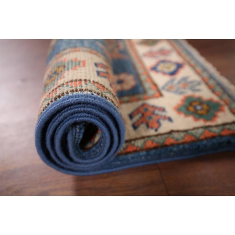 Geometric Kazak Foyer Rug Hand-Knotted Blue Wool Carpet - 2'0" x 3'0"