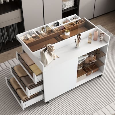 43.3" Movable Storage Cabinet Island Vanity Dresser with 3 Drawer, a Reversible Top Storage Space and Two Shelves