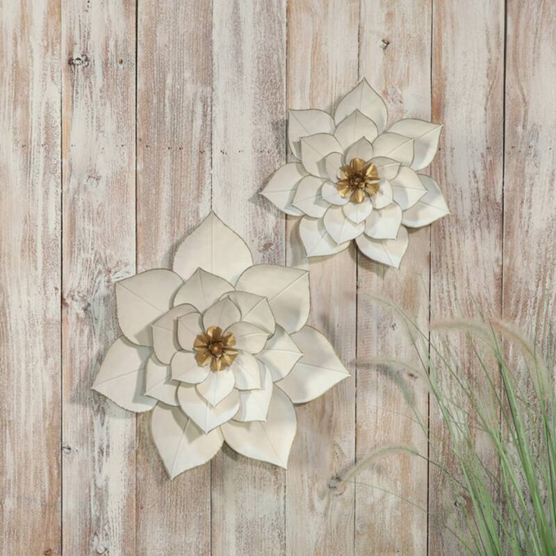 Metal Lotus Wall Decoration - 14" - White and Gold