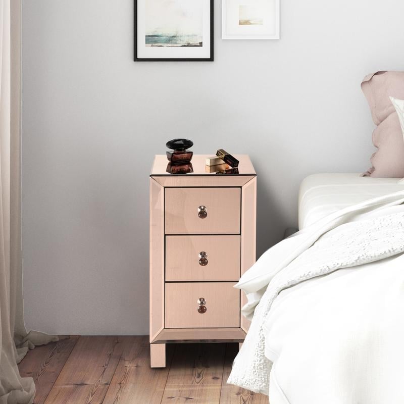 23 Modern Mirrored Nightstand Bedside Table Rose With 3 Drawers Overstock 30636546 Rose