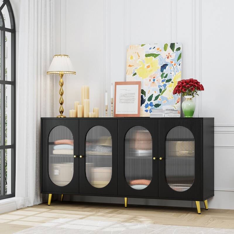 Grondin Modern Minimalist Wooden Sideboard Buffet Storage Cabinet with 4 Acrylic Doors and Interior Adjustable Shelves