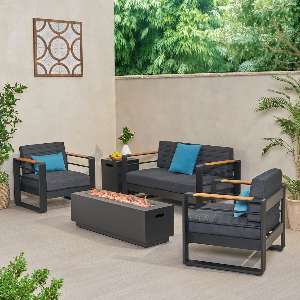 Ostrander Outdoor Aluminum 4 Seater Chat Set with Fire Pit by Christopher Knight Home