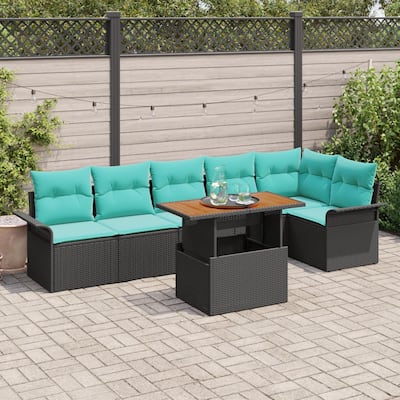 vidaXL 7 Piece Garden Sofa Set with Cushions Black Poly Rattan - 117.1×52.2×27.2