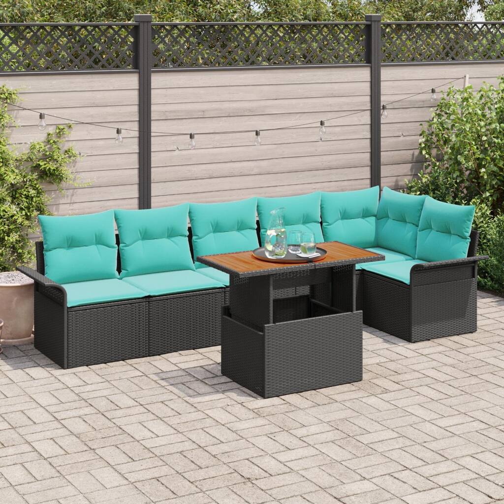 vidaXL 7 Piece Garden Sofa Set with Cushions Black Poly Rattan - 117.1×52.2×27.2