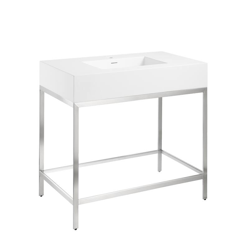 ANZZI Ventura 36 in. Console Sink with Matte White Counter Top - Brushed Nickel
