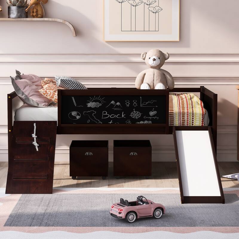 Twin Size Wood Loft Bed with Storage Boxes and Climbing Frame - Espresso