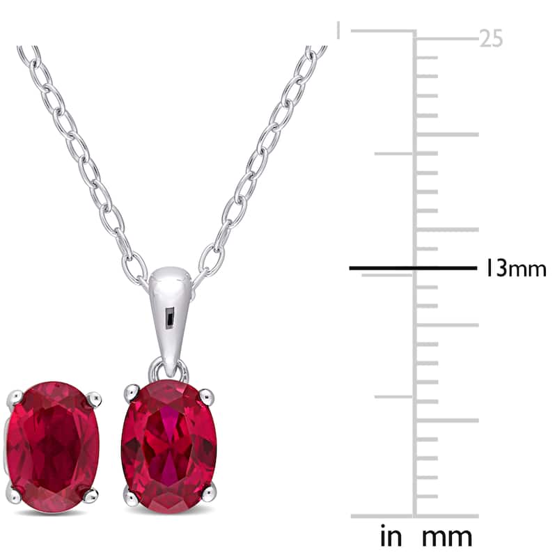 Miadora 3 4/5ct TGW Oval Created Ruby Solitaire Necklace and Stud Earrings Set in Sterling Silver