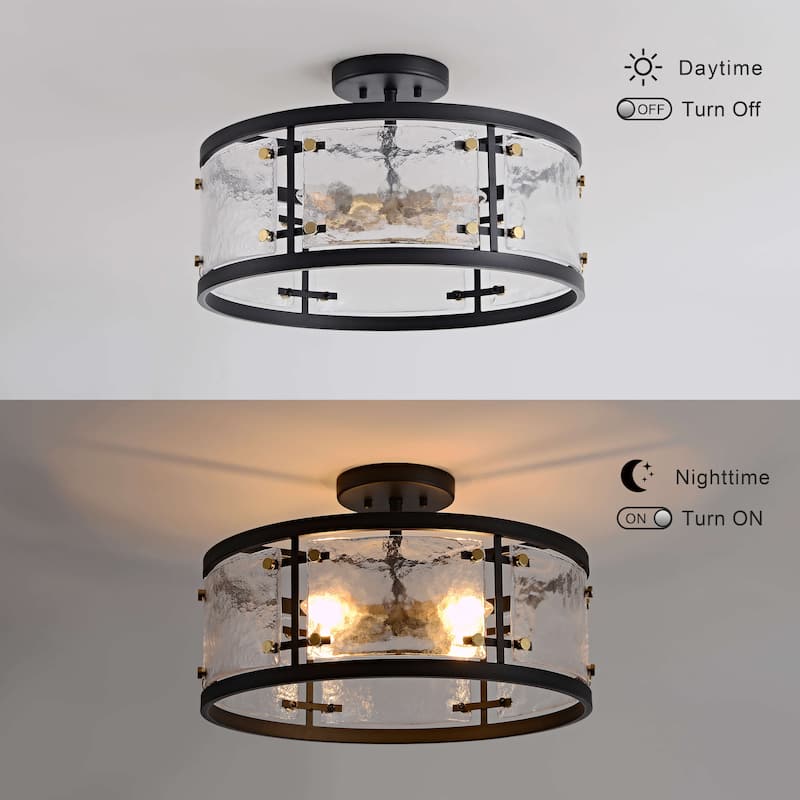 Laia Black 5-light Water Textured Glass Drum Flush Mount - 19 inches in diameter x 8.5 inches H