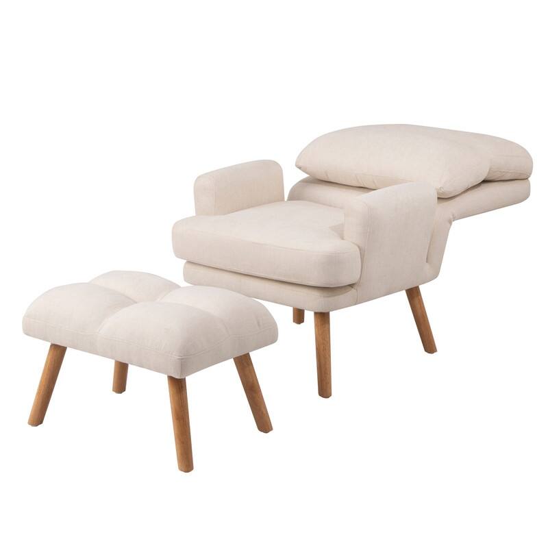 Mid Century Modern Accent Chair with Ottoman Set,Wood Legs and Adjustable Backrest