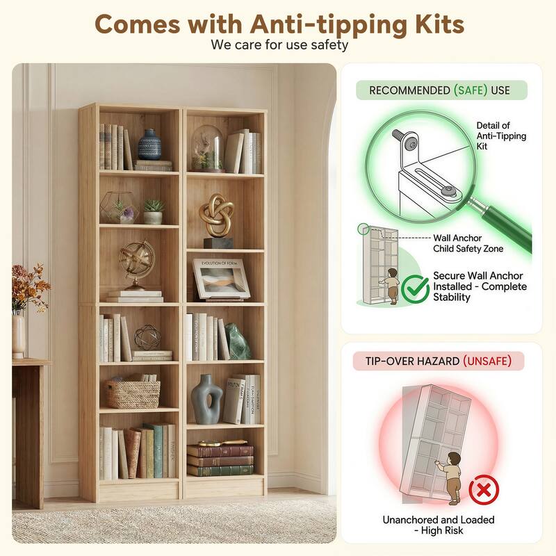 80"H Tall 6-Tier Bookcase With 2 Adjustable Shelves，Modern Open Storage Shelf for Home Office and Bedroom