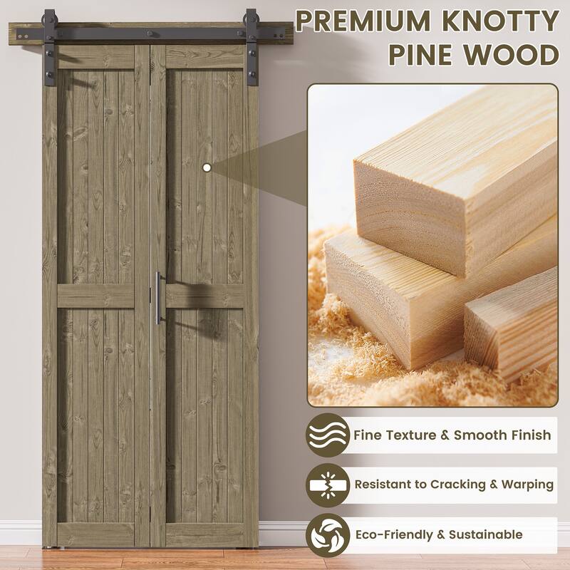 Assembled 30in./32in./36in./40in./44in./48in. x 84 in. Solid Core Pine Wood Bi-Fold Door With Hardware Kit