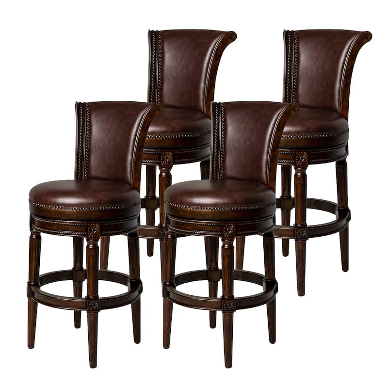 Maven Lane 31" Pullman Swivel Bar Height Kitchen Stool - Set of 4 - Dark Walnut Vegan Leather