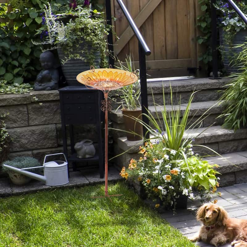 Tall Glass Birdbath Birdfeeder with Metal Stake Garden Yard Outdoor