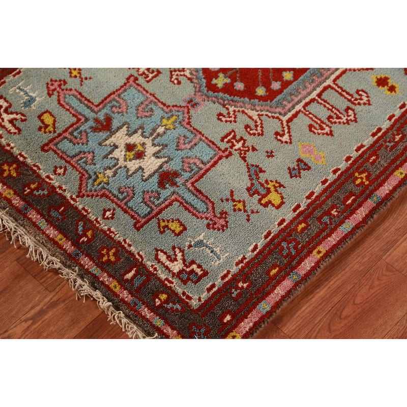 Geometric Blue Khotan Indian Runner Rug Hand-Knotted Wool Carpet - 2'5" x 10'0"