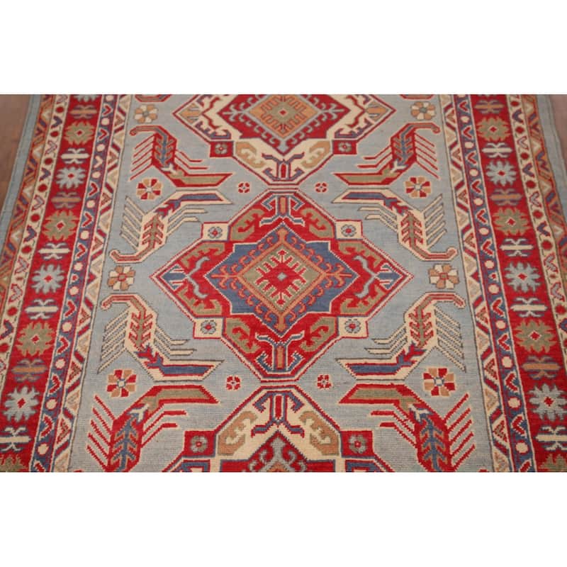 Hand Knotted Oriental 100% Wool Carpet Traditional Geometric Navy Blue & Blues Kazak Area Rug - 5' 10'' X 4' 0''