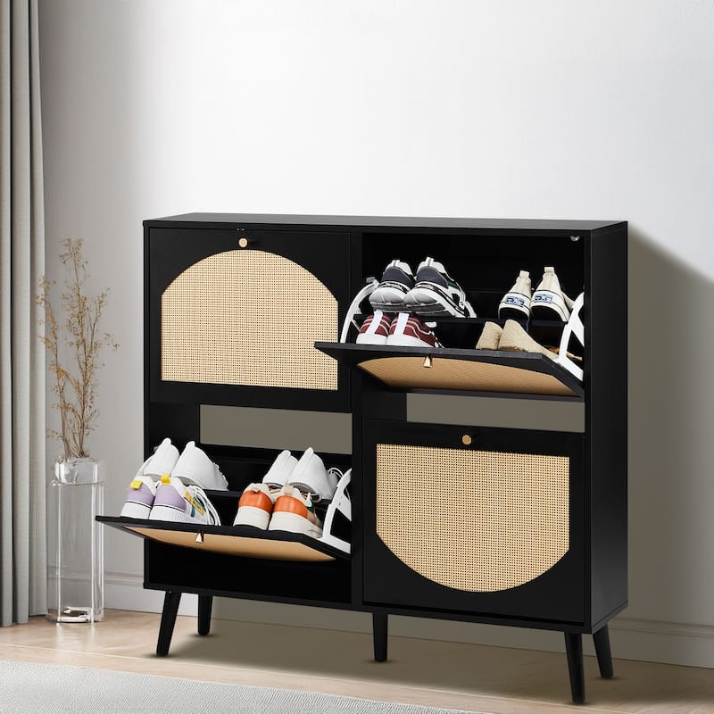 Space-Saving Black Shoe Cabinet with Dual-Tier Flip Storage and Breathable Rattan Panels - 41.34” (L) x 9.45” (W) x 38.58” (H)