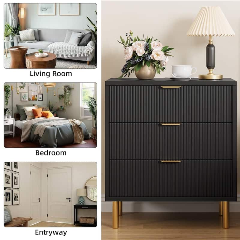 Black Dresser, Modern 3 Drawer Dresser for Bedroom with Gold Handle and Large Drawer